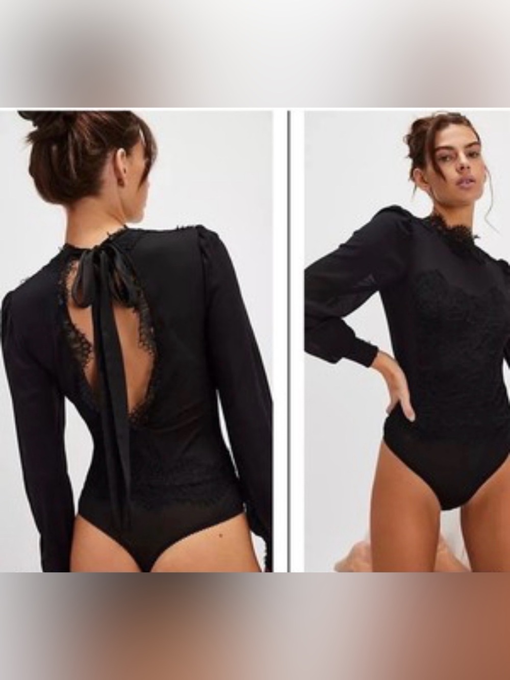 Free People Black Lace-Back Long Sleeve Bodysuit